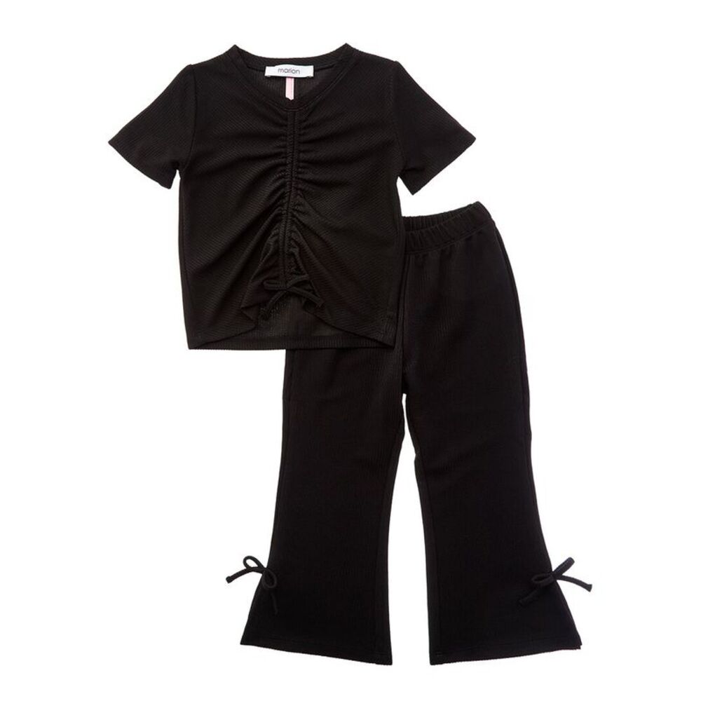 Marion Girls  2Pc Ruched Top & Pant Set, Black
